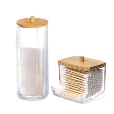 Imagem de Kit Organizadores Porta Cotonete Algodão Acrílico Tampa Bambu Decorati