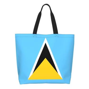 Imagem de ASYG Sacola fofa com bandeira para mulheres e homens, bolsas de ombro reutilizáveis para academia, compras, praia, viagens, Bandeira de Santa Lúcia E, One Size