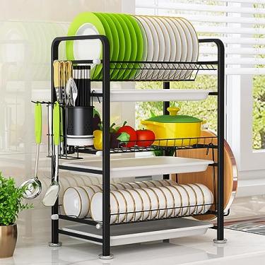 Imagem de Escorredor de pratos de cozinha de 3 níveis, escorredor de pratos com suporte de utensílios, escorredor de aço inoxidável 304 com suporte para tábuas de corte, escorredor de pratos de pia para balcão