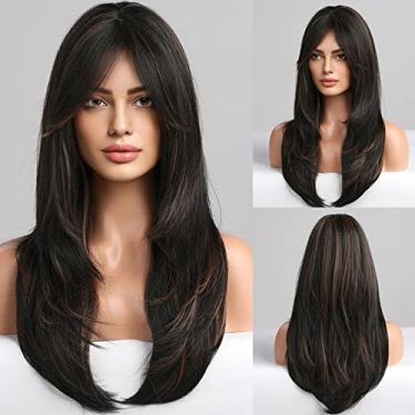 Imagem de HAIRCUBE Perucas Pretas para Mulheres, Longas Camadas Pretas com Destaque Loiro Perucas com Franja Perucas de Fibra Sintética Resistentes Ao Calor (Pelucas de Cabello Naturais)