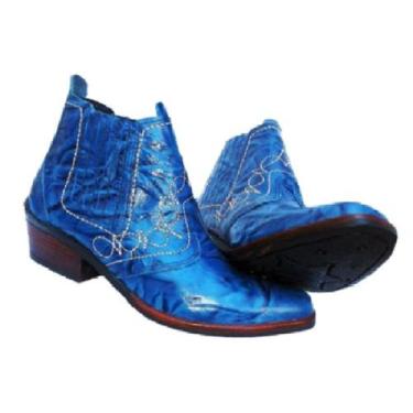 Imagem de Bota Country Masculina Cor Azul Botina Couro Salto Carrapeta Solado Bo