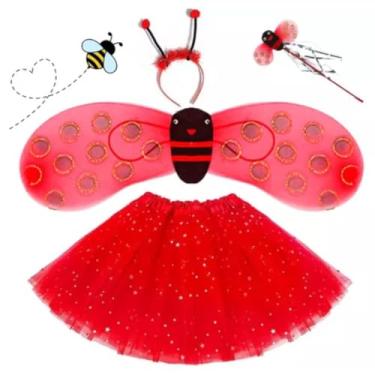 Imagem de Fantasia de Abelha Infantil Meninas Com Asa, Saia Tule + Acessórios (Vermelho)