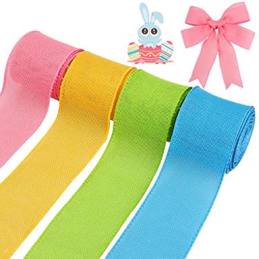 Imagem de : KOOTAU 4 rolos de fitas com fio de Páscoa, 6,3 cm x 24 jardas rosa sólido amarelo azul verde fitas de borda com fio primavera serapilheira decorativas fitas para embrulho para artesanato DIY porta