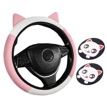 Imagem de Dotesy Conjunto de 3 capas de volante de carro com orelhas de desenho animado, protetor de volante fofo com porta-copos de gato, elástico e antiderrapante, acessórios de carro adoráveis para mulheres