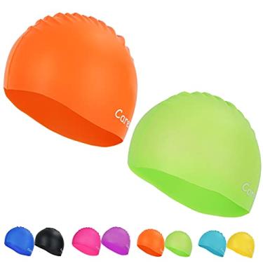 Imagem de Toucas de natação, pacote com 2 toucas de natação de silicone duráveis para crianças, meninas, meninos e jovens (2 a 12 anos) de 2 a 12 anos, macias e ergonômicas, à prova d'água, para crianças, ajuste confortável para cabelos longos e curtos