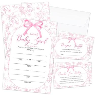 Imagem de Convites de chá de bebê rosa para menina, convites de chá de bebê de urso de arco com envelopes, conjunto de 25 cartões de convites de preenchimento revelados de gênero com envelopes e cartões de