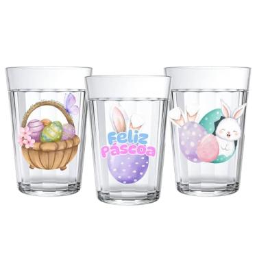Imagem de Conjunto 3 Copos de Vidro Americano Desenhado Resistente 190ml Personalizado Coleção Páscoa Acabamento Perfeito Coelho Fofo Ovos de Pascoa