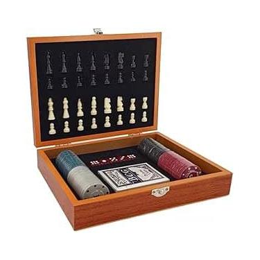 Imagem de Kit Jogos de mesa de Xadrez, Baralho e Poker de Luxo em Caixa de Madeira, Peças de Xadrez em Madeira, Tabuleiro em Verniz
