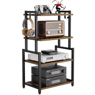 Imagem de HYPIGO Prateleira de canto de mídia AV de 4 camadas, suporte para console de jogos com 2 ganchos, rack de componente de áudio estéreo, pequeno centro de entretenimento para videogame e armazenamento