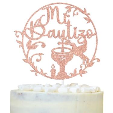 Imagem de Rose Gold Glitter Mi Bautizo Cake Topper, Mi Primera Comunion/Mi Confirmacion, First Holy Communion/Christening Baptism Baby Shower/First Communion Birthday Party Decorations