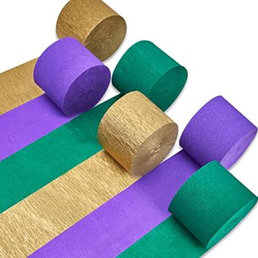Imagem de PartyWoo Serpentinas De Papel Crepom, 6 Rolos, 492 Pés, Pacote De Papel Crepom Dourado, Roxo E Verde Para Decorações De Aniversário, Decorações De Mardi Gras, Decorações De Festa De Máscaras (1,8 Po