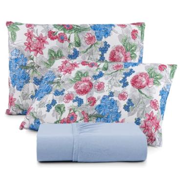 Imagem de Jogo de Lençol Com Elástico Malha 100% Algodão 03 Pçs Estampado Solteiro Casal Queen King Size (Azul Bebê, Solteiro)