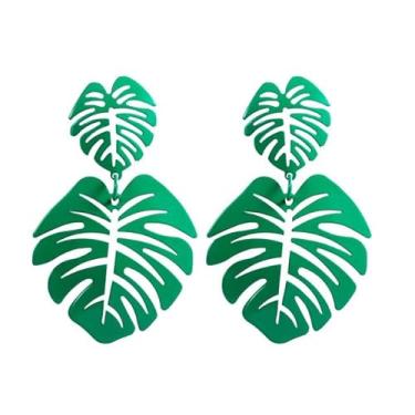 Imagem de Doubnine Brincos grandes de folha de palmeira Monstera Brincos pendentes de linha dourada boêmia, joia festiva de verão para mulheres, Zinco, liga de zinco.