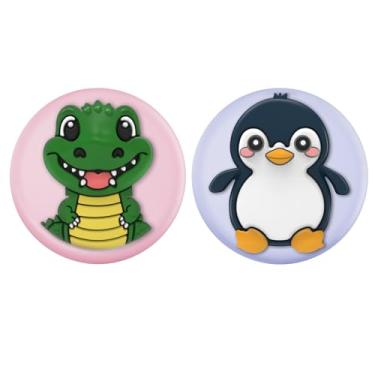 Imagem de Bingcok Pacote com 2 capas ocultas para crianças da Apple, desenho fofo para AirTags, com pino invisível, antiperda, para crianças, idosos, bagagem, roupas (1 rosa roxo)