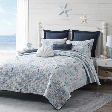 Imagem de Wonderful Conjunto de colcha de algodão costeira tamanho king, capa de cama de algodão reversível costurada em concha com 2 fronhas, colcha leve de praia náutica, para cama de verão, 269 cm x 238 cm