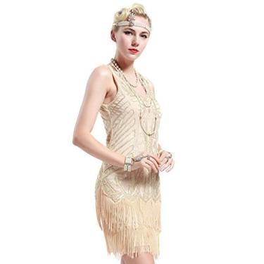 Imagem de Babeyond Vestidos Flapper Feminino 1920s V Pescoço Frisado Franjas Great Gatsby Vestido Bege