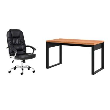 Imagem de Conjunto de Mesa Anah Freijó com Cadeira de Escritório Presidente Giratória com Relax Finland Preta