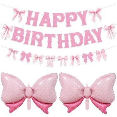 Imagem de Neyeidru Decorações de aniversário com laço rosa - Faixa pré-amarrada de feliz aniversário e 2 balões de lacinho com glitter para festa de princesa Coquete Meninas Deko