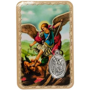 Imagem de Impressão de oração católica com medalha prateada embutida | Laminado | Arte religiosa | Ótimo presente para primeira comunhão ou confirmação (São Miguel)