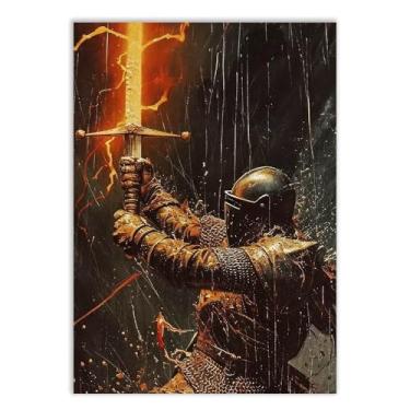 Imagem de Placa Decorativa Soldado Medieval E Espada Flamejante Quarto Sala Decoração Poster
