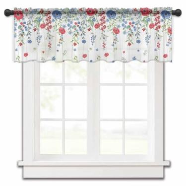 Imagem de Cortinas transparentes para janelas de cozinha, sanefas de janela com flores vermelhas e azuis aquarela, papoulas de 4 de julho, tratamento de janela transparente, sanefas para cozinha/quarto/banheiro