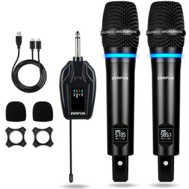 Imagem de ZERFUN Microfones duplos sem fio recarregáveis, sistema de microfone sem fio de metal UHF profissional com controle de canal, carregamento USB-C para eventos de igreja de canto de karaokê