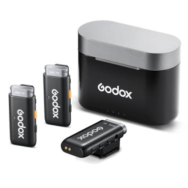 Imagem de GODOX Kit WEC-S Microfone Lavalier sem fio, vida útil da bateria 8H, microfone sem fio de 2,4 G de canal duplo, alcance de 200 metros, cancelamento de ruído com capa de carregamento, receptor Mi