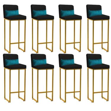 Imagem de Kit 08 Banqueta Alta Com Encosto Lucca Industrial Ferro Dourado Suede Preto E Almofada Azul Turquesa