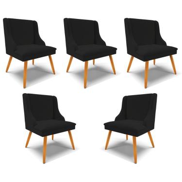 Imagem de Kit 5 Cadeiras Decorativas Sala De Jantar Pés Palito De Madeira Firenze Linho Preto/natural G19