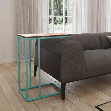 Imagem de Mesa Lateral Industrial Elena Tampo Amendoa Base Ferro Azul Turquesa - Cor: Azul