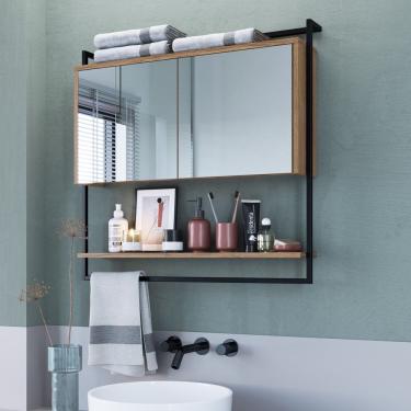 Imagem de Armário Espelheira Para Banheiro 80cm Com 1 Prateleira Externa E Toalheiro Estilo Industrial P1043 Preto-mel