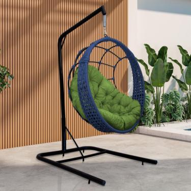 Imagem de Cadeira Balanço Ninho Suspenso Em Corda Náutica Luxo Com Suporte Azul-verde