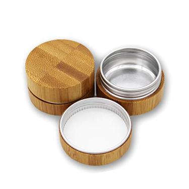 Imagem de 2 Pieces 10ml Empty Aluminum Tin with Bamboo Shell Cosmetic Sample Containers Round Metal Tin Jars Bamboo Tins Round Bamboo Cosmetic Jars with Screw Lids for Make Up Lotion Sample Lip Balm Eye Shadow
