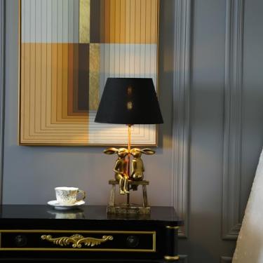 Imagem de NorDiem Luminária De Mesa Em Formato Coelho Beijando, H16, Resina Com Cúpula Tecido, Abajur Vintage Dourado Para Escritório E Estudo (Abajur Preto 16 Pol.)