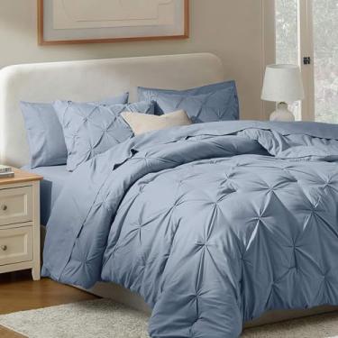 Imagem de Nestl Conjunto de edredom completo de 9 peças – Cama plissada de beliscar azul pedra em uma bolsa – Conjunto completo de cama de casal com lençóis, travesseiros refrescantes, fronhas e fronhas