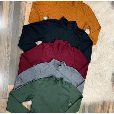 Imagem de Blusa feminina gola alta manga longa malha canelada - moda filo, Verde