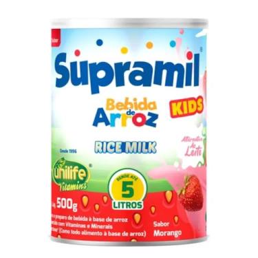 Imagem de Bebida De Arroz Rice Milk Supramil Unilife Sem Lactose Lata de 500g em Pó, Rende até 5L - Sabor Morango