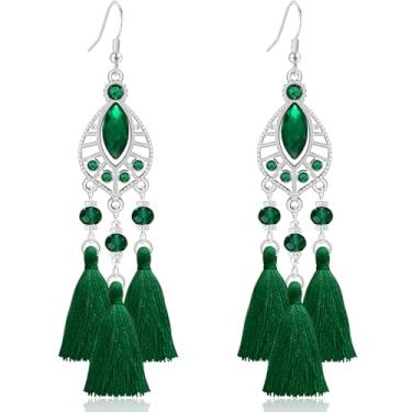 Imagem de Ricarmo Brincos femininos estilo nacional boêmio, strass, vazados, leves, pendentes, tecido de cristal, franja, gancho, para mulheres, 2.44inch, Metal, Sem pedra preciosa