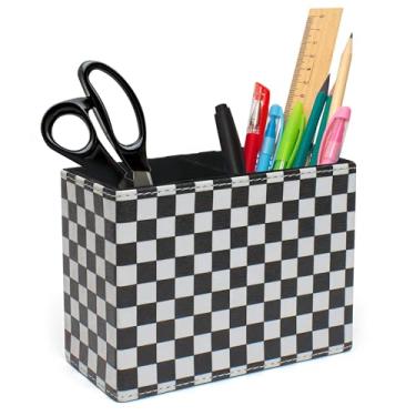 Imagem de Porta-canetas xadrez preto e branco, organizador de lápis estilo corrida, estojo com suporte para pincel de maquiagem, mesa com 2 compartimentos