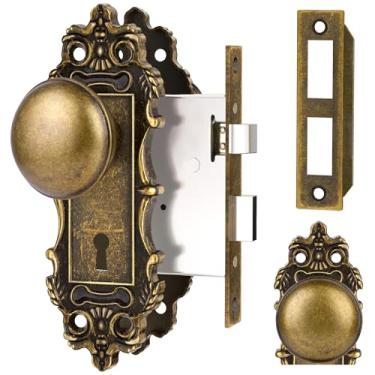 Imagem de CEYMIO Puxadores de porta com trava de encaixe interior maçanetas de bronze polido a óleo maçaneta antiga chave esqueleto privacidade fechaduras vintage para quartos e banheiro