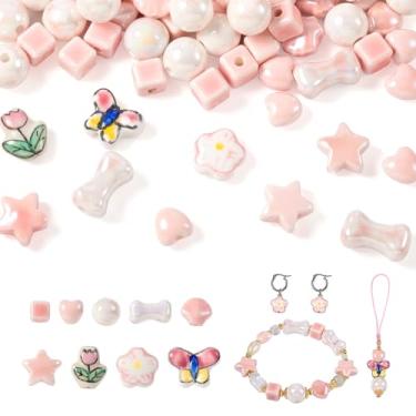 Imagem de Pandahall 66 peças de contas de porcelana rosa feitas à mão fofas redondas coração borboleta flor estrela cubo brilhante vitrificado estético contas espaçadoras soltas para brincos faça você mesmo