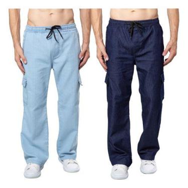 Imagem de Kit 2 Calças Cargo Jeans Modelo Largo Balão - 4 Azes, Jeans claro, Jea
