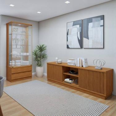 Imagem de Sala de Estar Completa Lisboa Logan 4 Portas 2 Gavetas com Vidro 100% Mdf com Led Naturalle - Mavaular