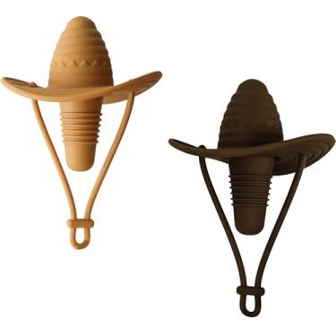 Imagem de Tampa de garrafa de vinho com chapéu de palha, seladora decorativa de silicone, marrom e bege, conjunto de 2