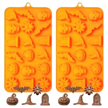 Imagem de 2 moldes de silicone para Dia das Bruxas, moldes antiaderentes de chocolate com 18 cavidades com desenhos de lápide de caveira de morcego de aranha de abóbora, para cubos de gelo e geleia, laranja
