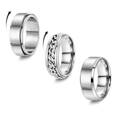 Imagem de Vegolita 3 peças 8 mm anel de aço inoxidável para homens mulheres simples noivado casamento compromisso anel giratório ansiedade legal tamanho 6-13, Aço inoxidável, Sem Pedra Preciosa