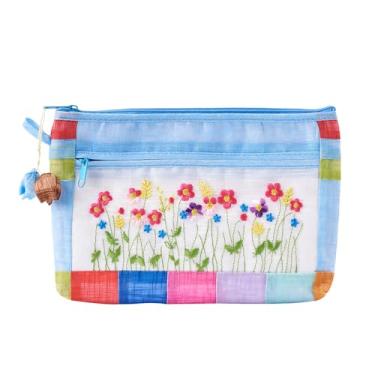 Imagem de Bolsa de retalhos tradicional coreana – Design floral bordado à mão com zíper, Azul claro, Bolsa de retalhos tradicional coreana