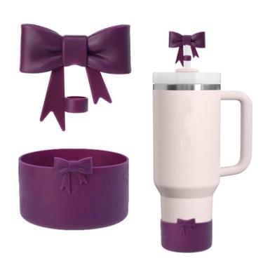 Imagem de AXMCCH Tampa de garrafa de silicone de 7,5 cm e topo de canudo em forma de laço de 10 mm para copo Stanley de 340 a 1,134 g (2 peças roxo escuro)