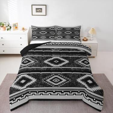 Imagem de Feelyou Conjunto de edredom com design nativo americano do sudoeste, geométrico, tamanho queen, preto, cinza, boêmio, feminino, masculino, tribal, respirável, macio, leve e microfibra
