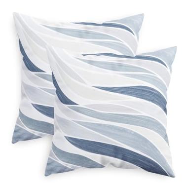 Imagem de CaliTime Capas de almofada decorativas 55 x 55 cm, pacote com 2 capas de almofada geométricas de lã abstrata de dois tons de onda do mar para sofá-cama, decoração de casa de fazenda, azul fumê, cinza